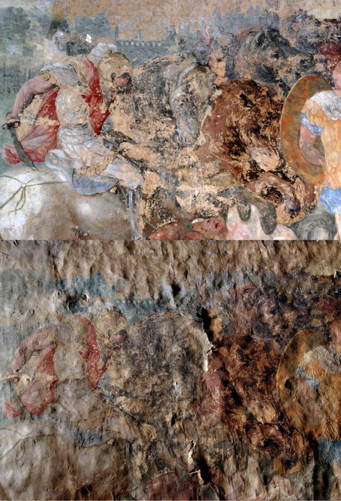 Photographie en lumière blanche (en haut) et en lumière rasante (en bas) de la fresque « Le combat près des vaisseaux », au Château d’Oiron (Deux Sèvres)